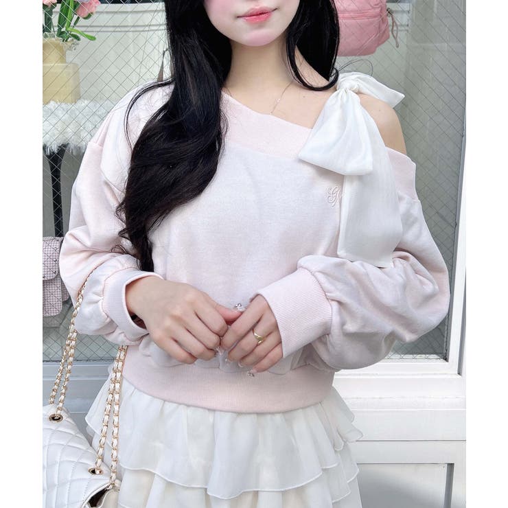 ライトピンク | 裏毛肩リボン胸ロゴワンショルTOPs | INGNI 