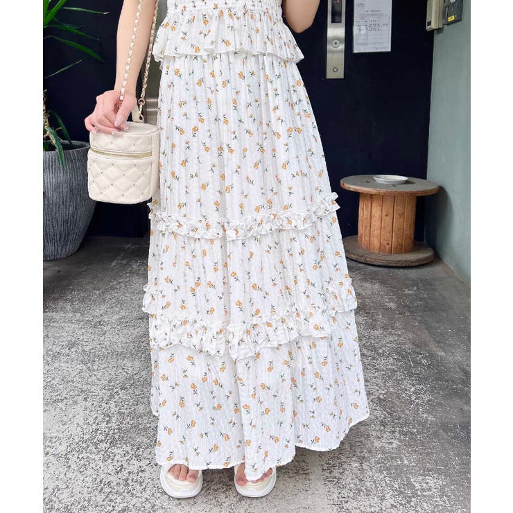 オフホワイト/イエロー | 花柄フリルティアードSK | INGNI 