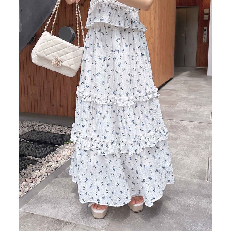 オフホワイト/ブルー | 花柄フリルティアードSK | INGNI 