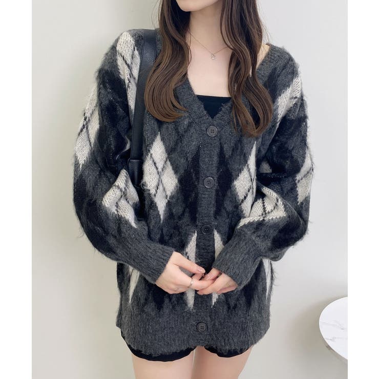 チャコールグレー | 7Gアーガイル柄JQロングニットカーディガン | INGNI 