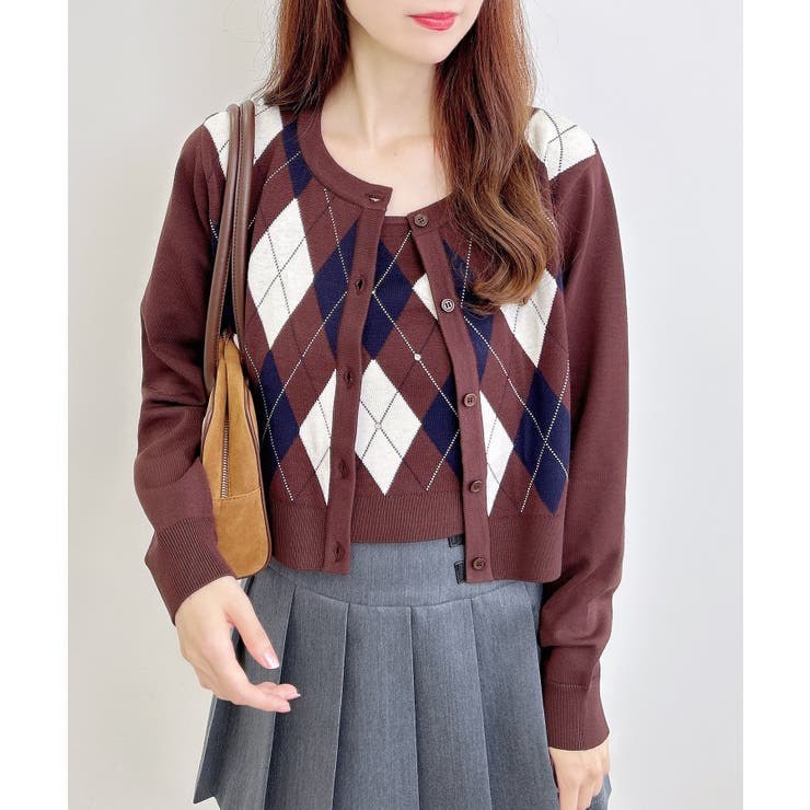 ブラウン | 12Gアーガイルクルーネックニットカーディガン+キャミセット | INGNI 