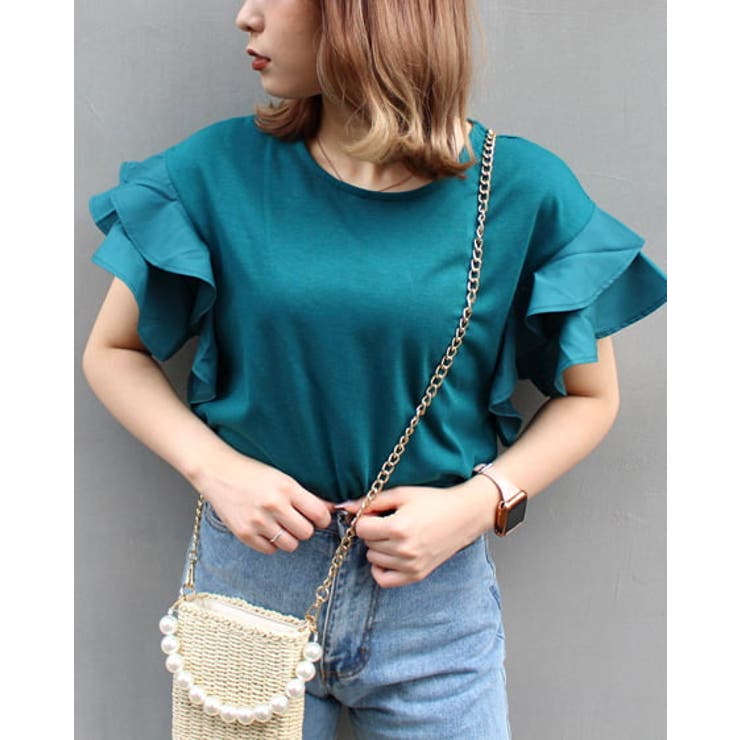 お値下げしました♡ビーズ装飾 濃紺 半袖Tシャツ フリルデザイン 袖フリル半袖T [品番：INGW0008525]｜INGNI （イング）の