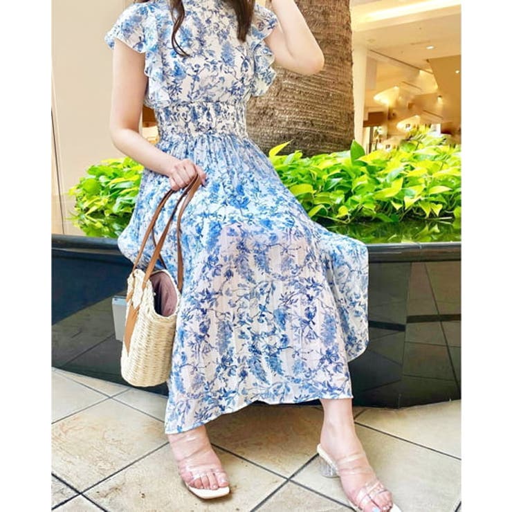 3色 ワンピース 花柄 ボウタイ リボン ロング プリーツ ~2XL 花柄ボウタイプリーツワンピース｜INGNI(イング) 公式通販