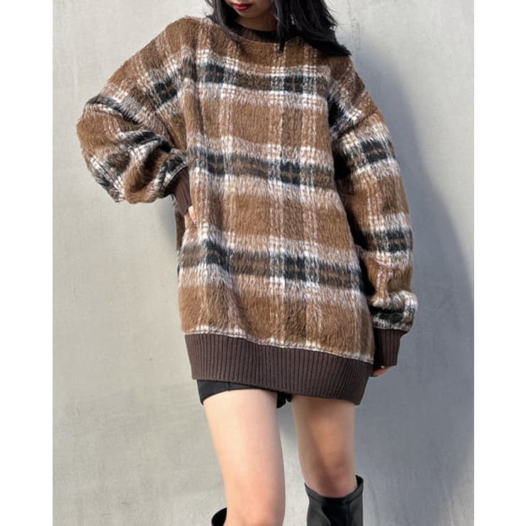 リブニットチェックチュニック 胸刺しゅうロゴチェックリブチュニットップス｜INGNI(イング) 公式通販