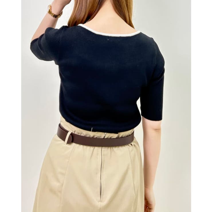 12Gフロントビット付配色デコルテオープン半袖ニット[品番