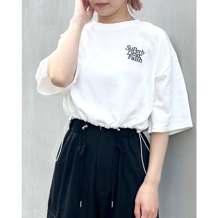 ショート丈 ロゴミニ裏毛ロンT 白っぽかっ