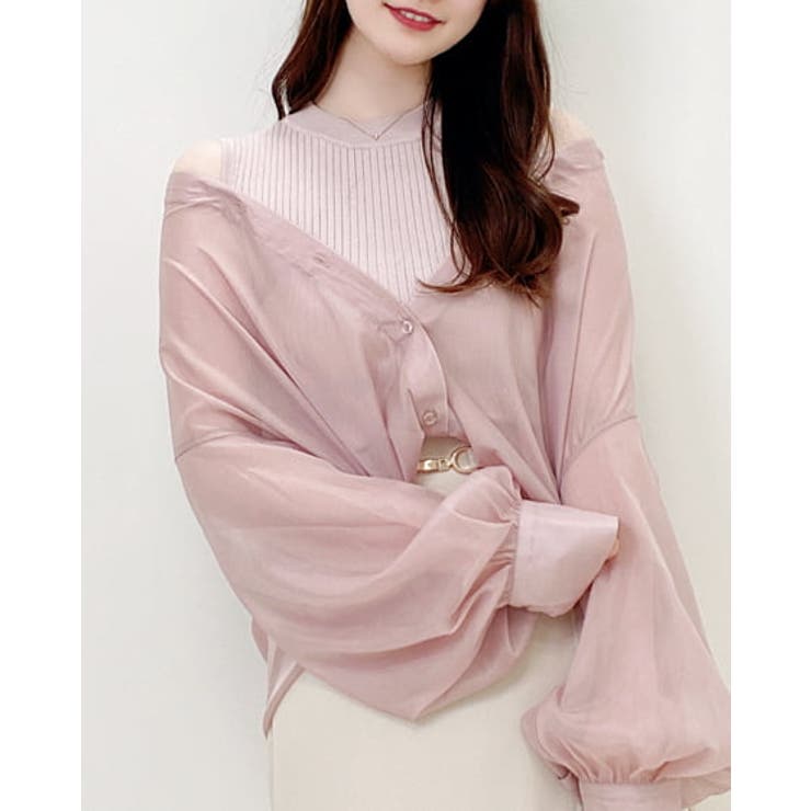 えに様　シャツドッキングレイヤードニット　ピンク シャツドッキングレイヤードニット(F GREY): TOPS