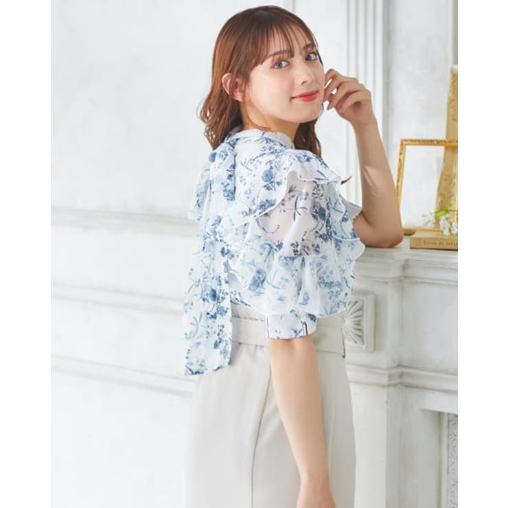 袖フリル花柄シアー5分袖/BL[品番：INGW0009288]｜INGNI （イング