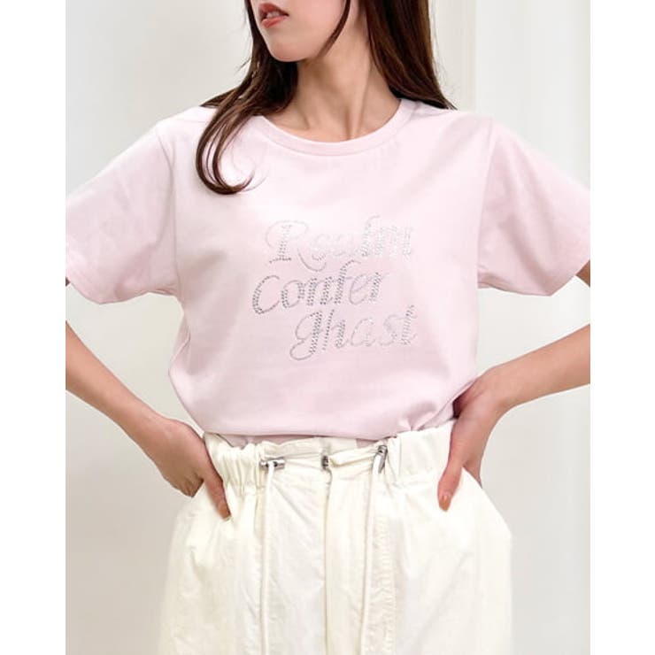 GANNI ピンクハートアルファベット刺繍&ストーンブラッシュ T シャツ GANNI ピンクハートアルファベット刺繍&ストーンブラッシュ T