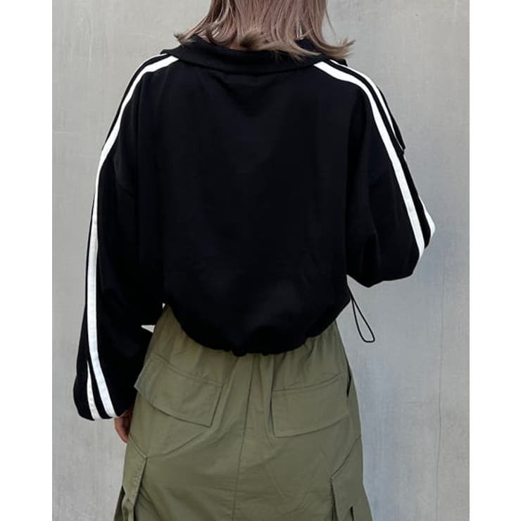 ハーフZIP裾ドロスト胸ロゴ袖ラインショート裏毛TOPs[品番