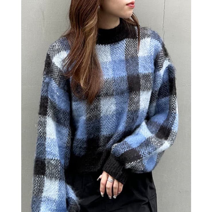 7Gショート丈チェック柄シャギーニット[品番：INGW0009607