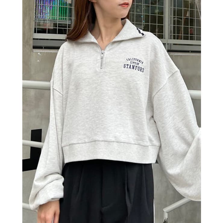 ハーフZIP胸ロゴライン配色ショート裏毛TOPs[品番：INGW0009580