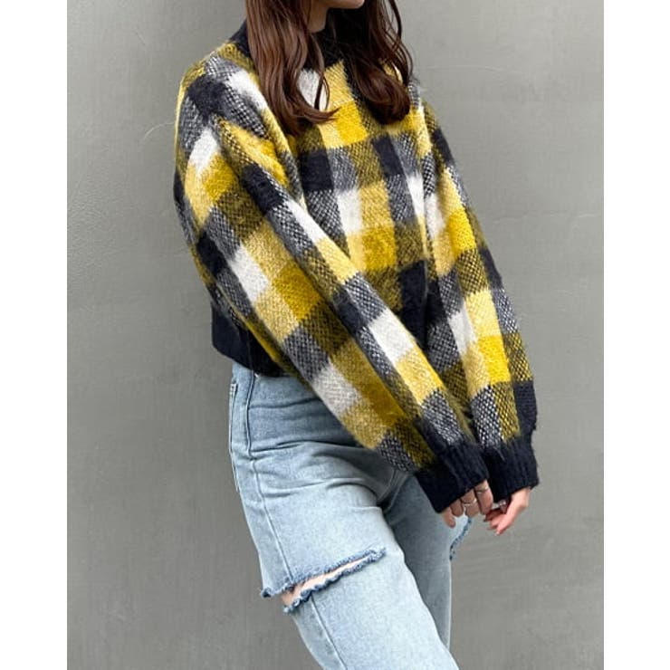 7Gショート丈チェック柄シャギーニット[品番：INGW0009607