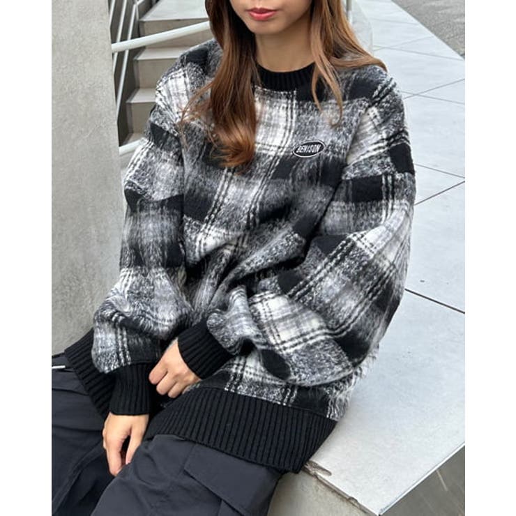 胸刺繍ロゴチェックリブチュニックTOPs[品番：INGW0009603]｜INGNI