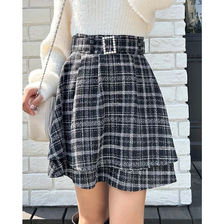 パール装飾バックルチェックツイード2段フレア/SK[品番：INGW0009656