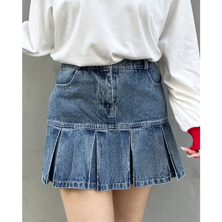 【 Jeans】プリーツ デニム ミニスカート ※送関込 SPINNS デニムスカート バックラインストーン デニムプリーツ