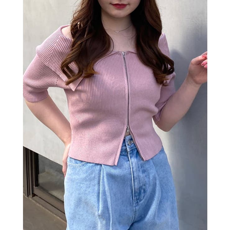 リボン半袖ニット ブラック×ピンク 前後2way総針ニット | PROPORTION BODY DRESSING