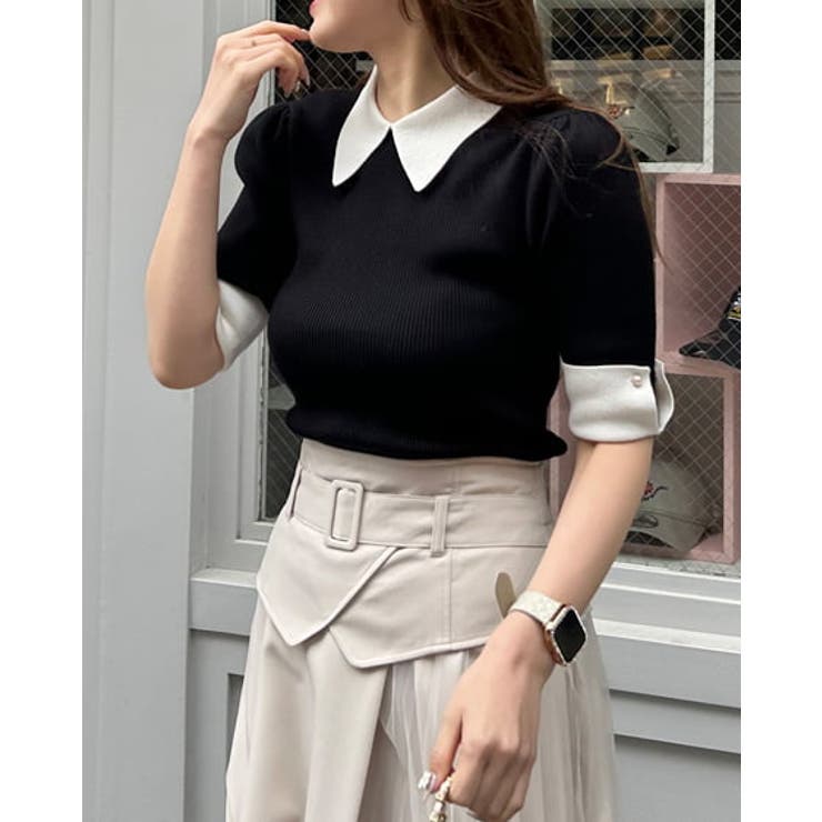 12G配色衿付半袖ニット 春 SS[品番：INGW0009925]｜INGNI （イング）の