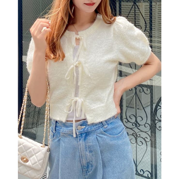 オフホワイト | 7Gフロントリボンフェザーニットカーディガン | INGNI 