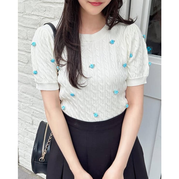 オフホワイト | 12Gフラワーケーブル半袖ニット | INGNI 