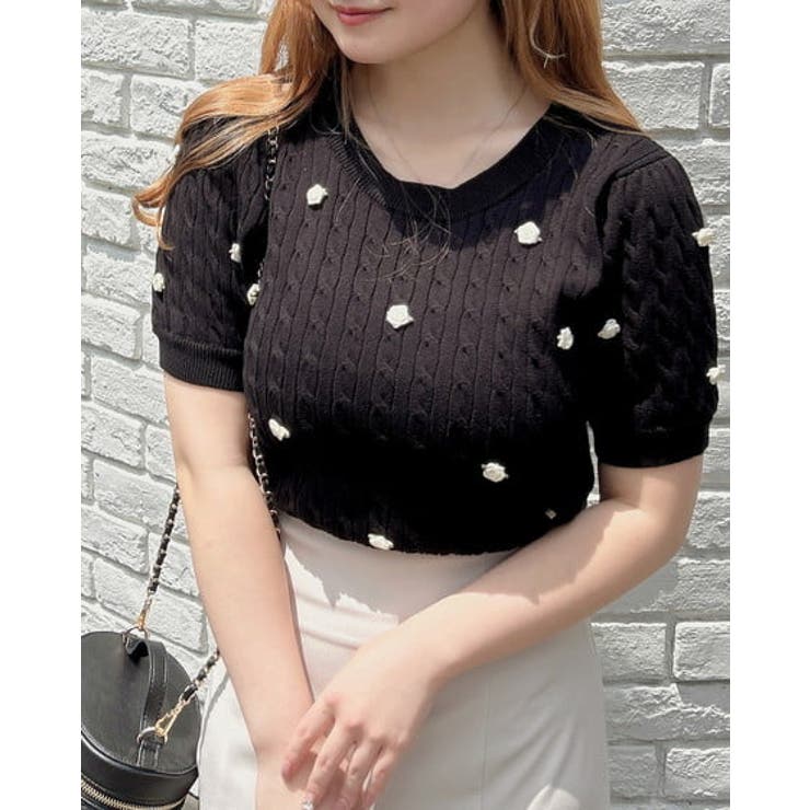 クロ | 12Gフラワーケーブル半袖ニット | INGNI 