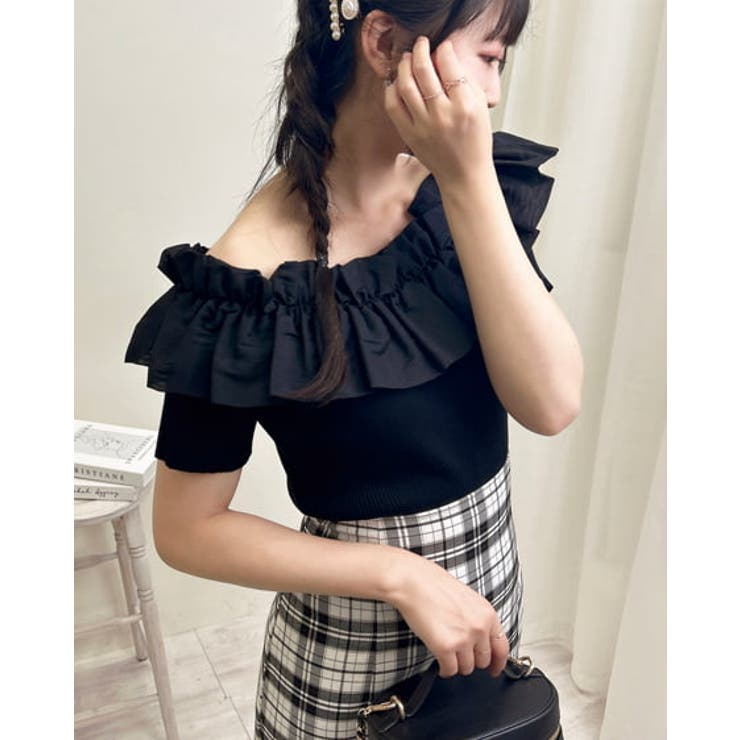 ■ニット ■半袖 ■フリル袖 12Gフリルオフショル半袖ニット[品番：INGW0010078]｜INGNI
