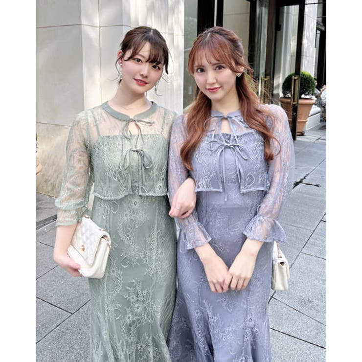 レースリボンブラウス+キャミワンピースセット[品番