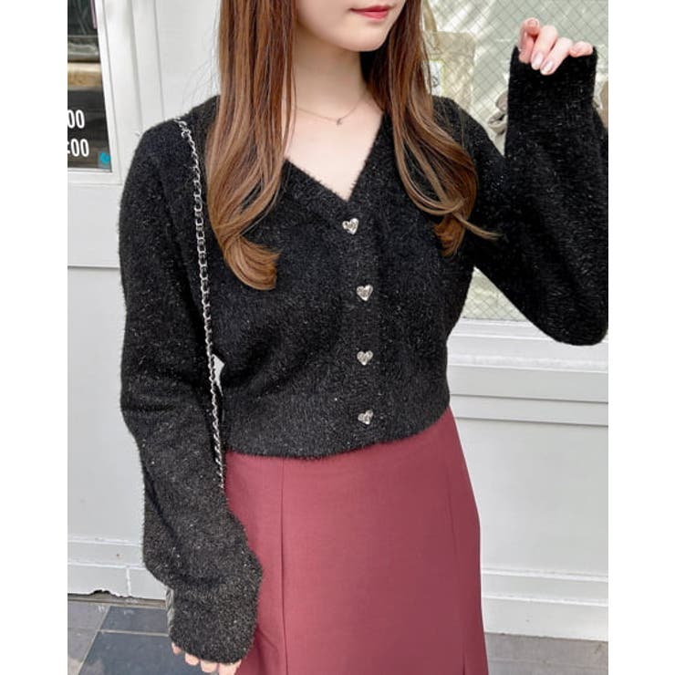 ハート釦ラメフェザーニットカーディガン[品番：INGW0010402]｜INGNI