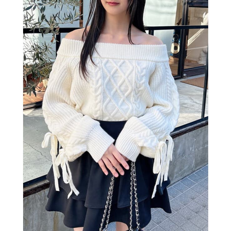 5G袖リボンオフショルケーブルニット[品番：INGW0010461]｜INGNI