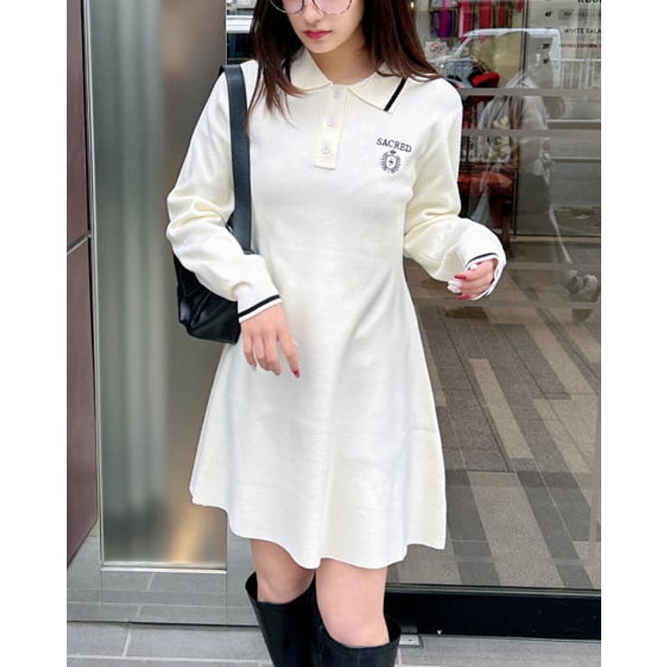 エンブレム胸刺繍配色ポロニットミニワンピース[品番：INGW0010603