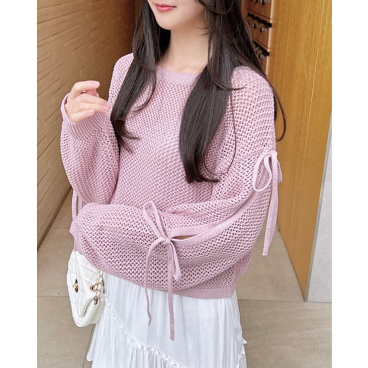 新品タグ付き　Arpege story　裾リボンメッシュニット 　ピンク Apuweiser-riche - Arpege story 裾リボンメッシュニット