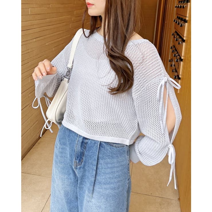 グレー | 7Gメッシュショルダースリットリボンニット | INGNI 