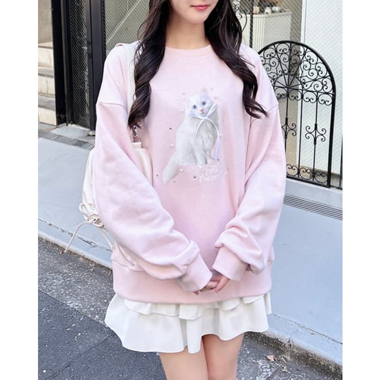 ライトピンク | 装飾リボン付ねこ裏毛トップス | INGNI 