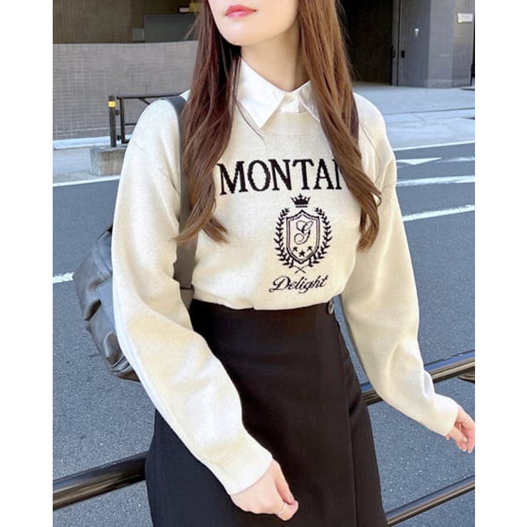 ホワイトニットセーター 長袖 エンブレム付き シャツ衿付エンブレムロゴニット[品番：INGW0010614]｜INGNI （イング