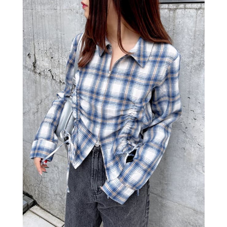 今 話題 の 人気 商品 Frontジップチェック柄ドロストギャザークロップドSH[品番 トップス