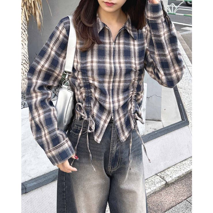 Frontジップチェック柄ドロストギャザークロップドSH[品番