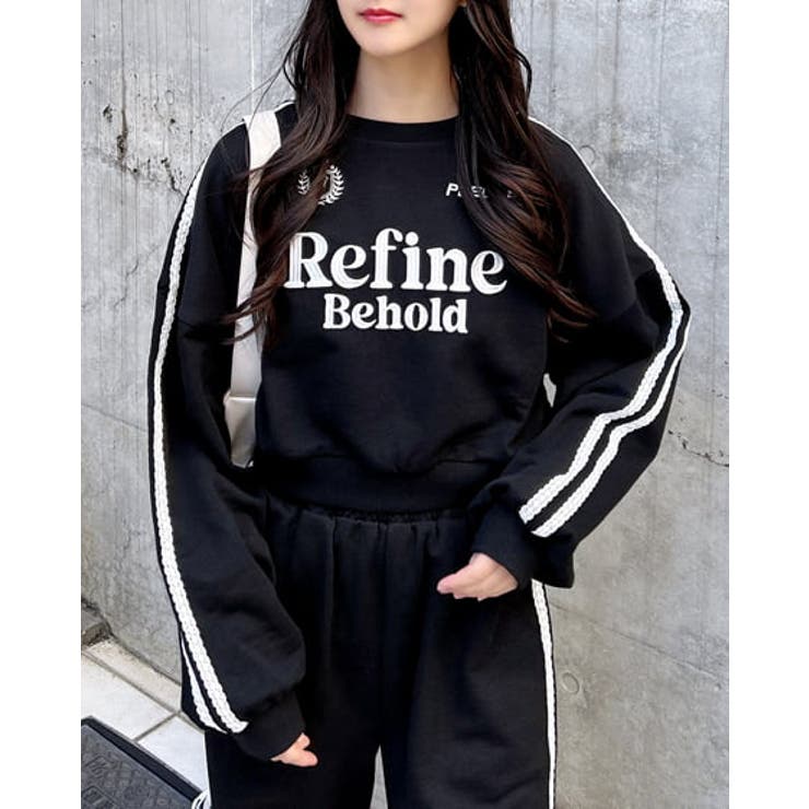 クロ/オフホワイト | 袖レースラインショート裏毛トップス | INGNI 