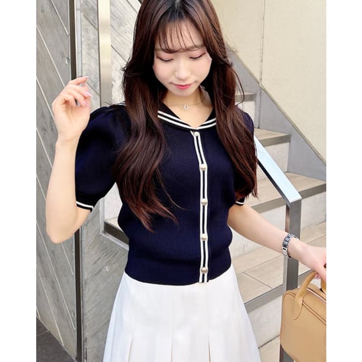 m*i/u m*i/u セーラー襟 半袖ニット セーラーカラー半袖ニットカーディガン[品番：INGW0010721