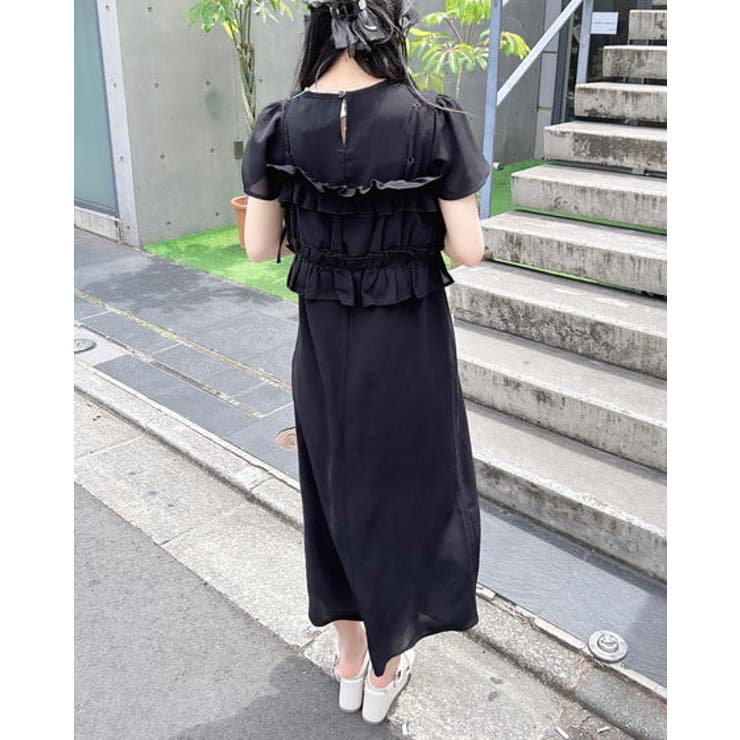 【新品】BPNワンピース風ビスチェ【ブラック／ピンクリボン】 セール】 重ね着風 リボン ビスチェ フレア 長袖 ワンピース (90
