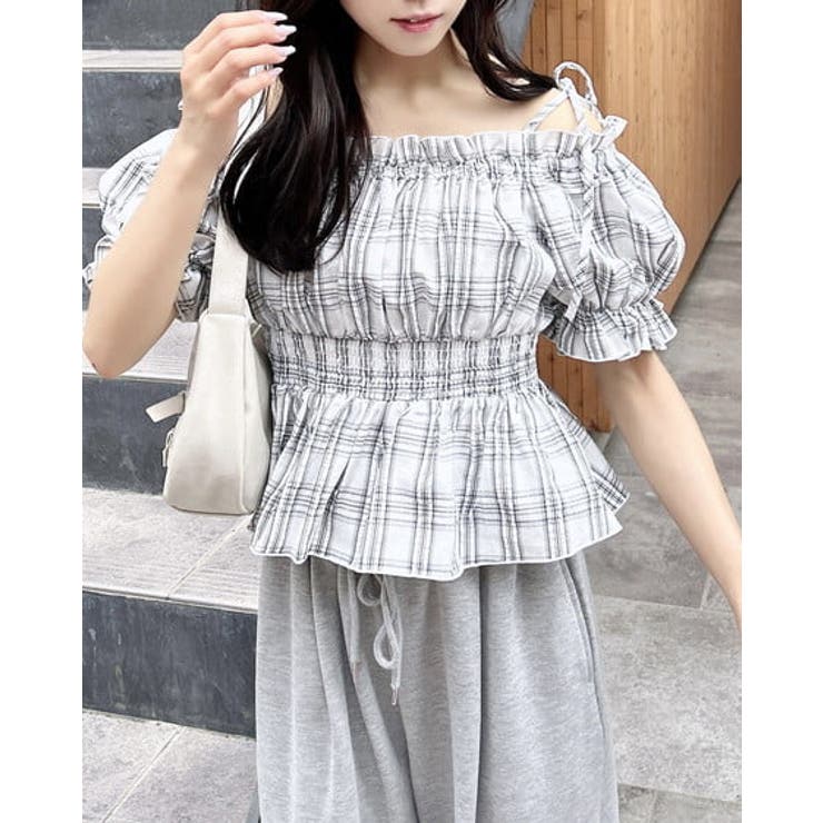 肩リボンチェック柄オフショルブラウス[品番：INGW0010900]｜INGNI