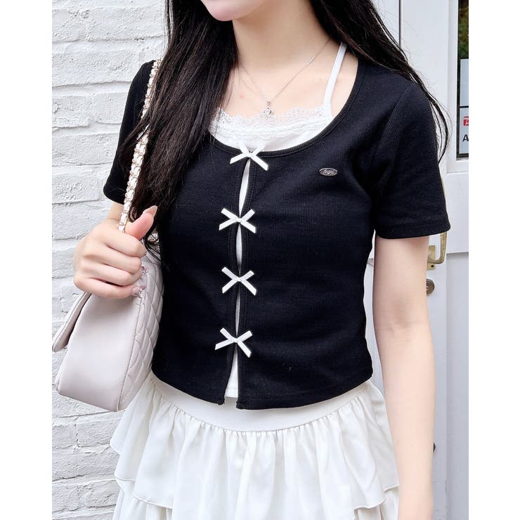 プレート付レイヤード前リボンリブTOPs | INGNI  | 詳細画像1 