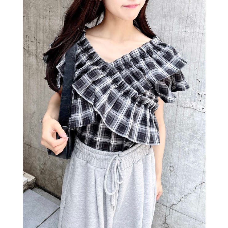 未使用級✨45R インディゴチェック フリルカシュクールブラウス 羽織り シャツ クロスフリルチェック柄オフショルブラウス[品番：INGW0010952