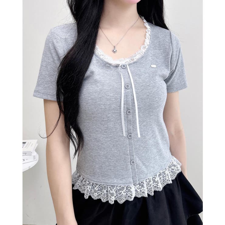 リボン付レースレイヤード風リブトップス[品番：INGW0010994]｜INGNI