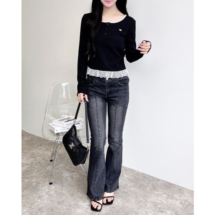 ヘンリーネックレース付プレートリブ長袖トップス | INGNI  | 詳細画像6 