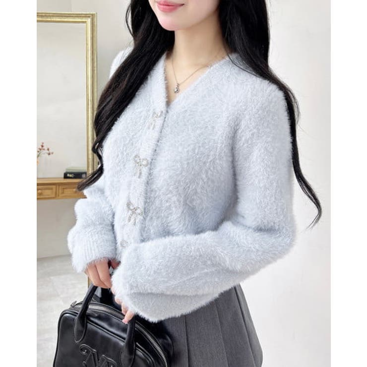 サックス | 【WEB限定アイテム】Vネックリボン釦フェザーニットカーディガン | INGNI 