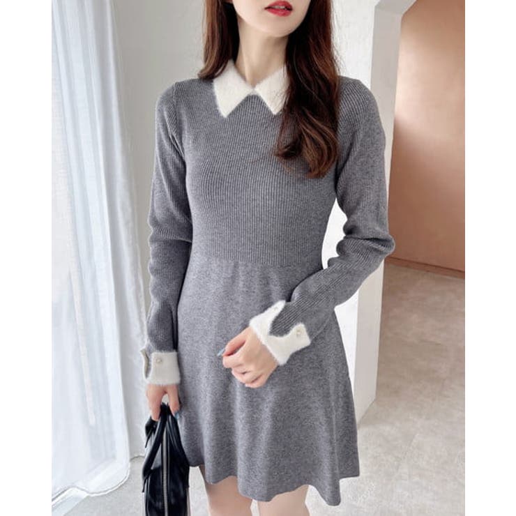 WEB限定アイテム】リブ衿フェザーニットワンピース[品番：INGW0011023