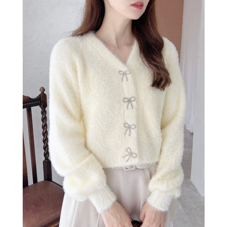 イエロー | 【WEB限定アイテム】Vネックリボン釦フェザーニットカーディガン | INGNI 