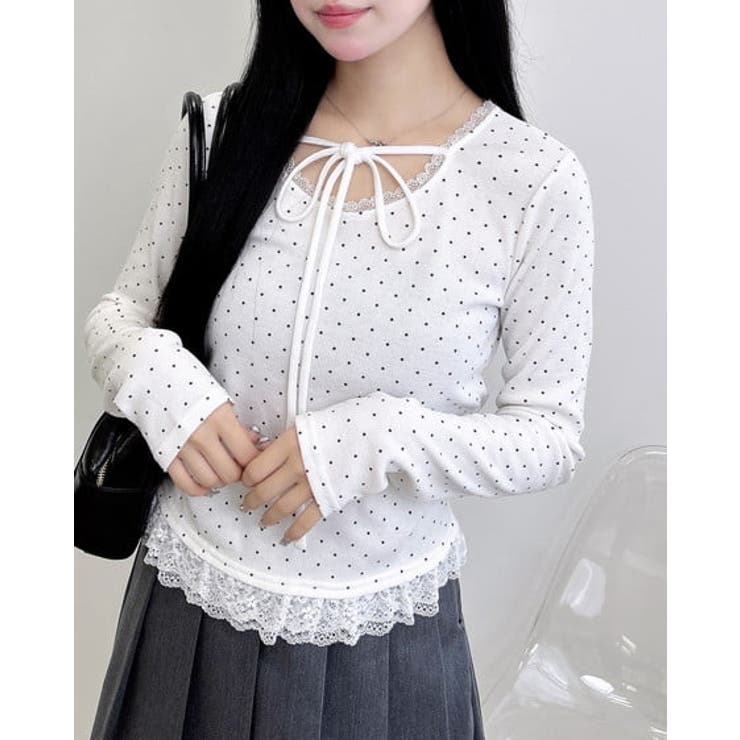 オフホワイト/クロ | レース出しリボン付ドットリブTOPs | INGNI 