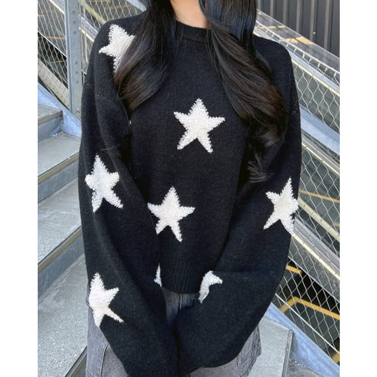 クロ/オフホワイト | 7G星柄ループJQニット | INGNI 