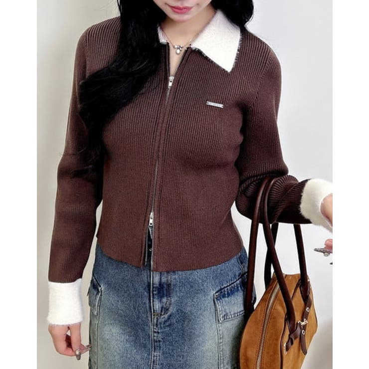 ブラウン/オフホワイト | 12Gフェザー衿リブニットカーディガン | INGNI 